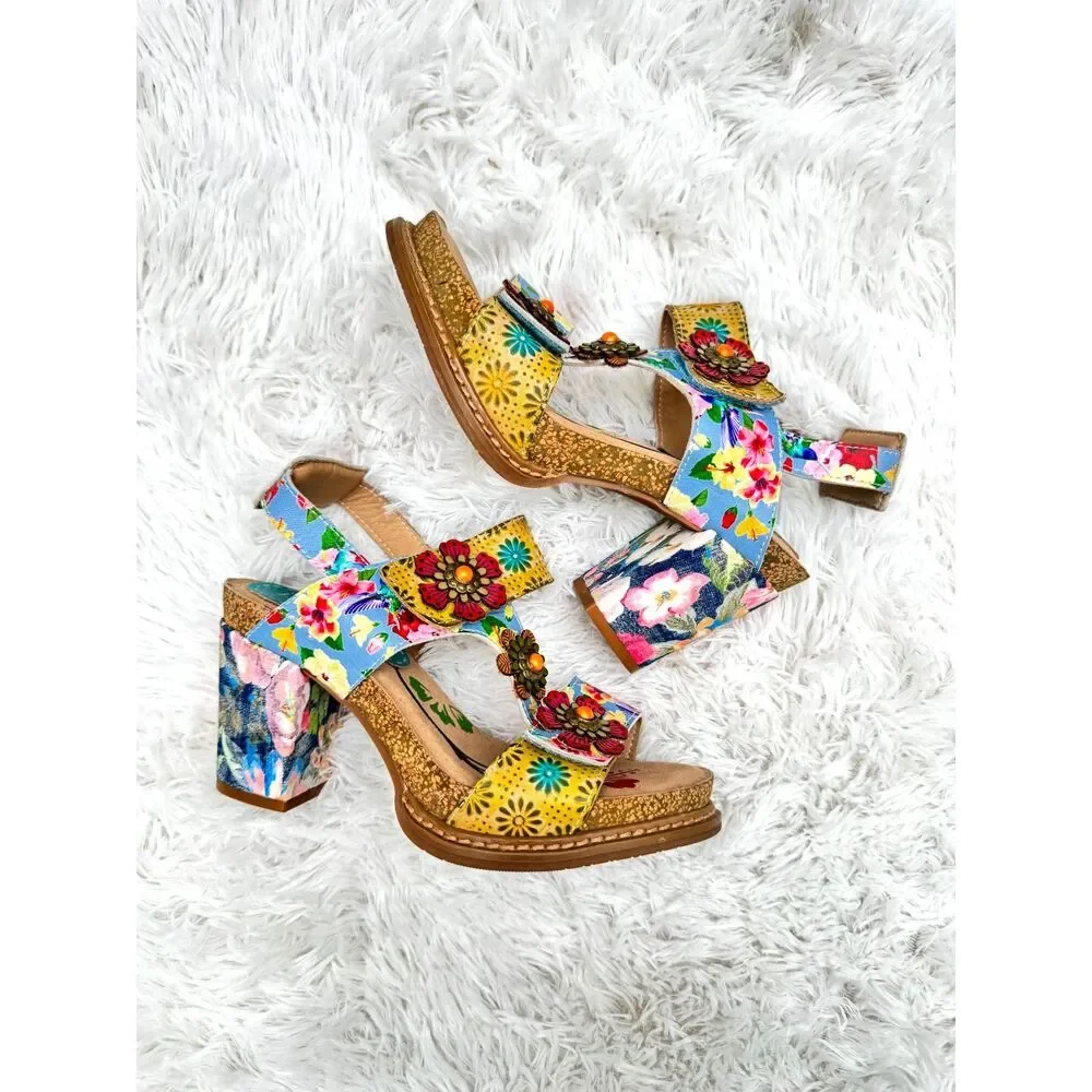 L'Artiste Spring Step Floral Block Heel Sandals Size 37 Multicolor Boho